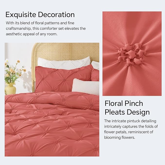BEDELITE Coral Queen Comforter Set - 3 Pieces Boho Pintuck Bedding Comforter Sets, Lightweight Soft & Warm Bed Comforter Queen with 2 Pillowcases for All Season
