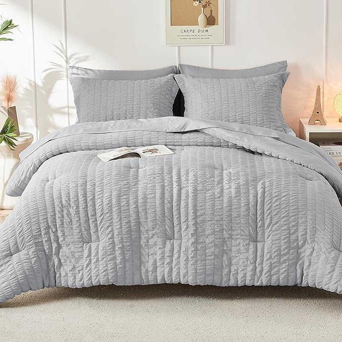 HYMOKEGE Light Grey Twin Comforter Set Seersucker 5 Pieces, All Season Luxury Bed in a Bag for Bedroom, Bedding Set with Comforters, Sheets, Pillowcase & Sham