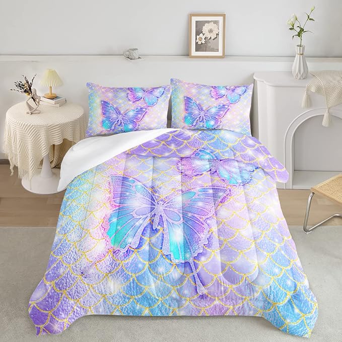 CVHOUSE Butterfly Comforter Set Full Size,Rainbow Mermaid Butterfliy Bedding Set for Kids Girls,Rainbow Mermaid Butterflies Quilt Set Butterfly Duvet Set Girl's Bedroom Decor 3 Pieces