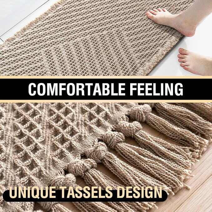 H.VERSAILTEX Waffle Bath Mat Super Absorbent Boho Bath Mat Non Slip Bath Rugs for Bathroom Floor Machine Washable Dry Fast Bathroom Rugs with Tassels (20 x 32 Plus 17 x 24 Inches, Irish Cream)