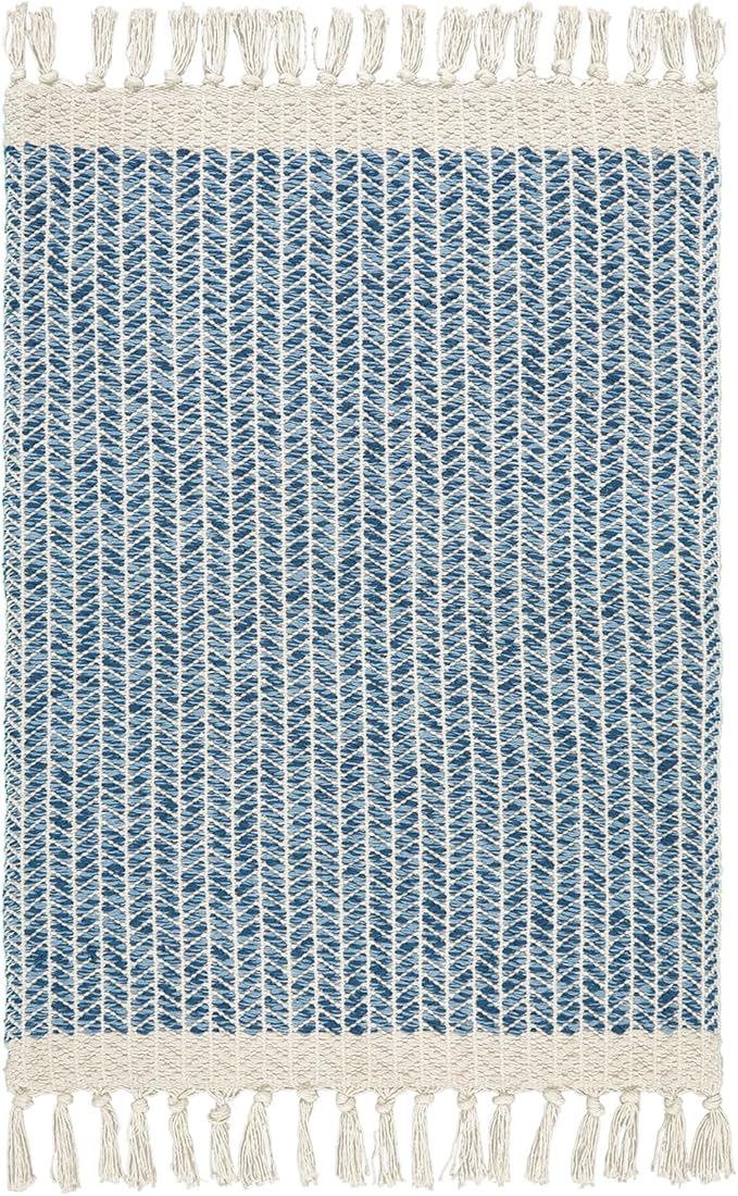 Lahome Boho Bedroom Rug, 3x5 Blue Office Rug Lightweight Bath Door Mats Indoor Woven Entry Rugs with Tassels, Non Shedding Washable Throw Farmhouse Carpet for Living Room Camper RV
