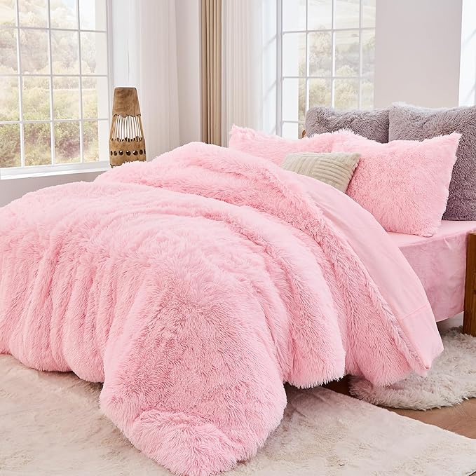 Sasttie 3-Piece Fluffy Duvet Cover Full, Ultra Soft Faux Fur and Velvet Pink Comforter Cover, Luxury Fuzzy Bedding Sets for Winter Bed, Includes 1 Duvet Cover and 2 Pillowcases, No Comforter