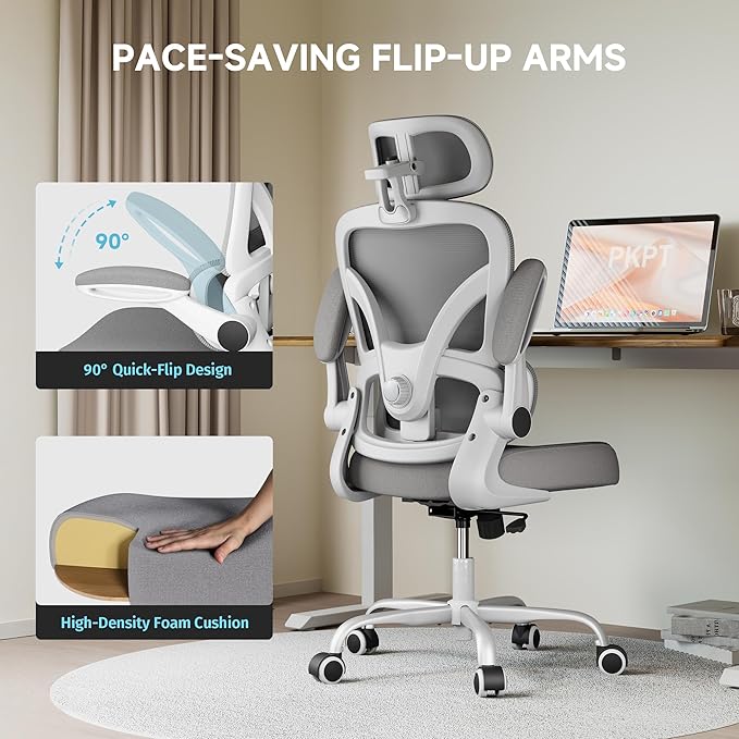Ergonomic Office Chair with Adjustable Lumbar Support & Headrest, 330 LBS High Back Mesh Chair with Flip-up Armrests for Long Hours, Home Office Desk Chair, White and Gray