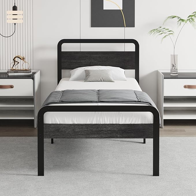 14 Inch Twin Size Bed Frames with Wooden Headboard and Footboard, Rustic Black Wood Bed Frame Twin No Box Spring Needed, Heavy Duty Mattress Foundation, Easy Assembly