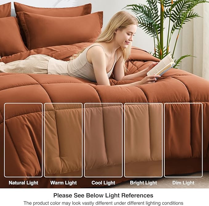 Love's cabin Full Comforter Set Burnt Orange, 7 Pieces Full Bed in a Bag, All Season Bedding Sets with 1 Comforter, 1 Flat Sheet, 1 Fitted Sheet, 2 Pillowcase and 2 Pillow Sham