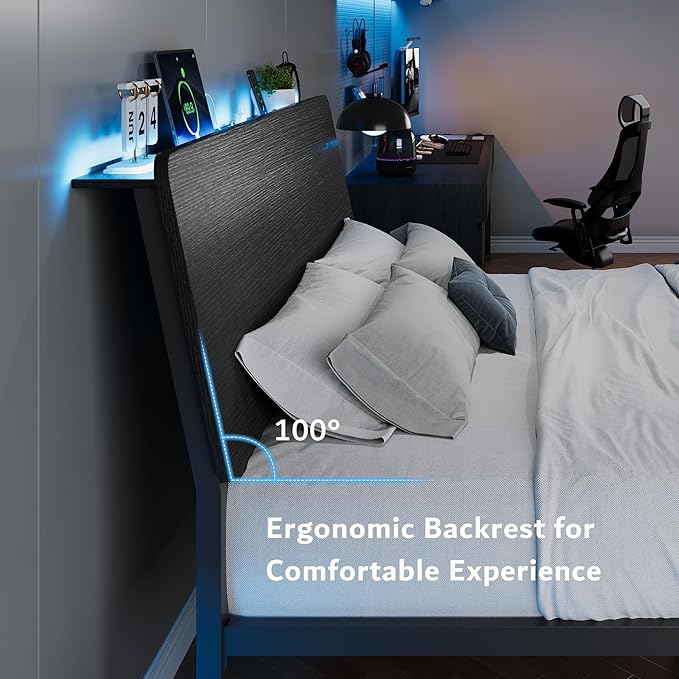 iPormis Full Size Metal Bed Frame with LED Lights & Charging Station, Platform Bed with Ergonomic Storage Headboard, Steel Slats Supports, No Box Spring Needed, Noise-Free, Easy Assembly, Black