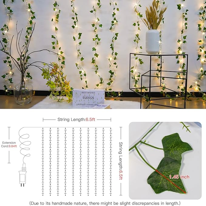 suddus 200 LED Vine with Light Plug in, 6.5ft x 6.5ft Ivy Fairy Curtain Lights with Remote, Leaf Fairy Lights for Wall,Bedroom, Dorm, Wedding, Party, Indoor Decor(Warm White)