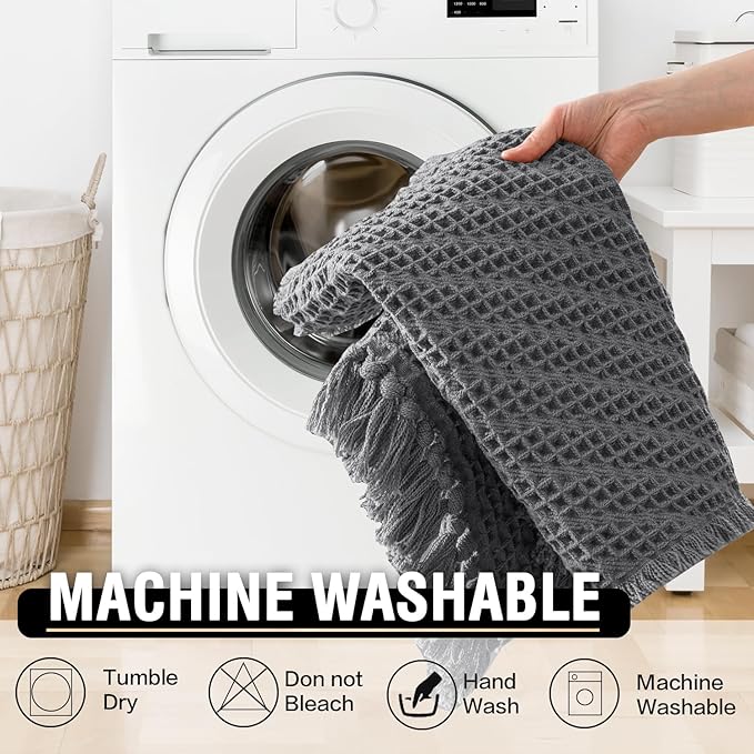 H.VERSAILTEX Waffle Bath Mat Super Absorbent Boho Bath Mat Non Slip Bath Rugs for Bathroom Floor Machine Washable Dry Fast Bathroom Rugs with Tassels (17 x 24 Plus 17 x 24 Inches, Gray)