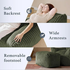 Oversized Bean Bag Chaise Lounge Chair Indoor for Adults with Armrests & Ottoman - Giant Comfy Green Beanbag Lazy Floor Sofa Cloud Accent Chair for Reading, Gaming, Cozy Plush Cloud Mini Couch