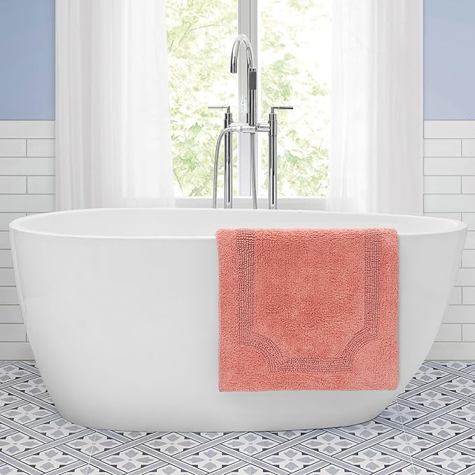 Laura Ashley - Reversible Cotton Bath Mat, Premium Bathroom Décor, Machine Washable Bathroom Rug, Highly Absorbent, 17"x24", Coral