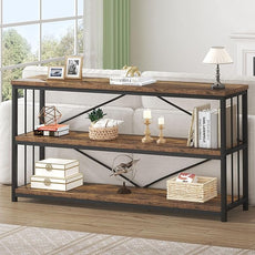 HSH Horizontal Bookshelf, Wood Metal Low Bookcase with Storage, Open 3 Tier Etagere Book Shelf for Office Bedroom Living Room, Rustic Brown, 55 Inch