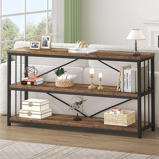 HSH Horizontal Bookshelf, Wood Metal Low Bookcase with Storage, Open 3 Tier Etagere Book Shelf for Office Bedroom Living Room, Rustic Brown, 55 Inch