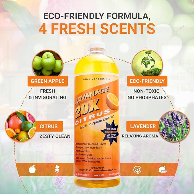 Advanage 20X Household Cleaner Concentrate Refill, 32 oz | Citrus All Purpose Cleaner | Multi Surface Dilute for Floors, Carpets, Glass, Counters, Appliances, and General Home Cleaning, USA Made