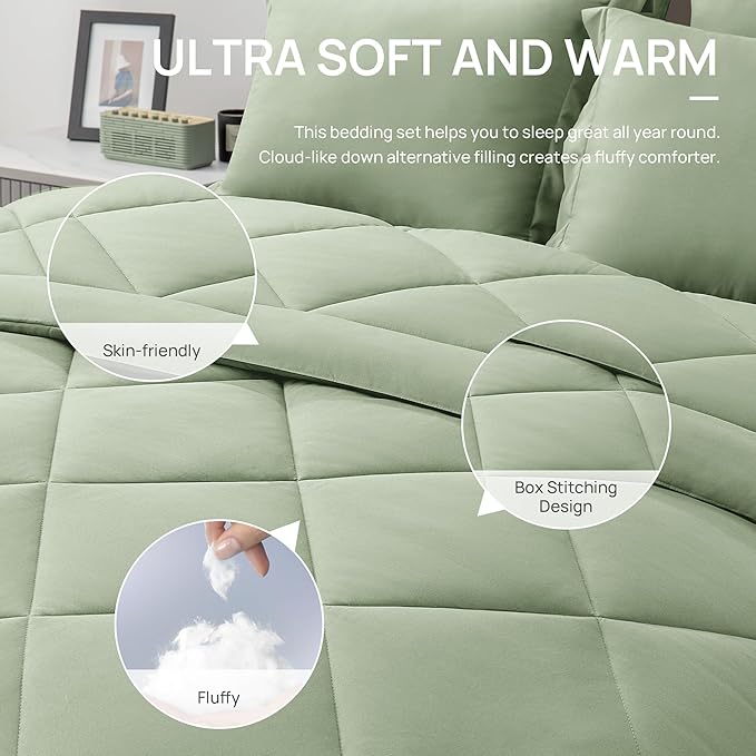 Love's cabin King Size Comforter Set Sage, 7 Pieces King Bed in a Bag, All Season Bedding Sets with 1 Comforter, 1 Flat Sheet, 1 Fitted Sheet, 2 Pillowcase and 2 Pillow Sham