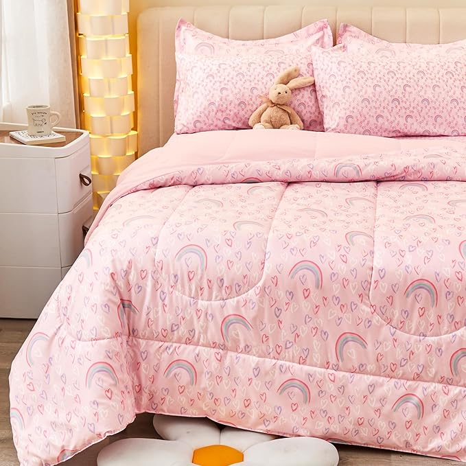 Viviland Kids Twin Bedding Sets for Girls, Soft Twin Comforter Set with Sheets, 5 Pieces Microfiber Bed in a Bag, Pink Heart Rainbow