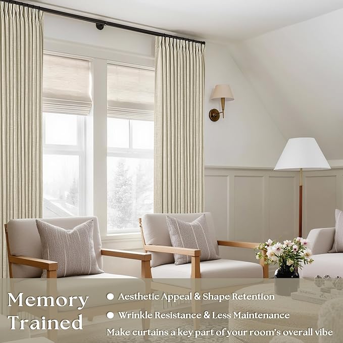 Linen Pinch Pleated Linen Curtains 2 Panels for Living Room Bedroom Memory Training Shaped Semi Sheer Pleat Drapes with Hooks Rings Light Filtering Window Curtain 40x45