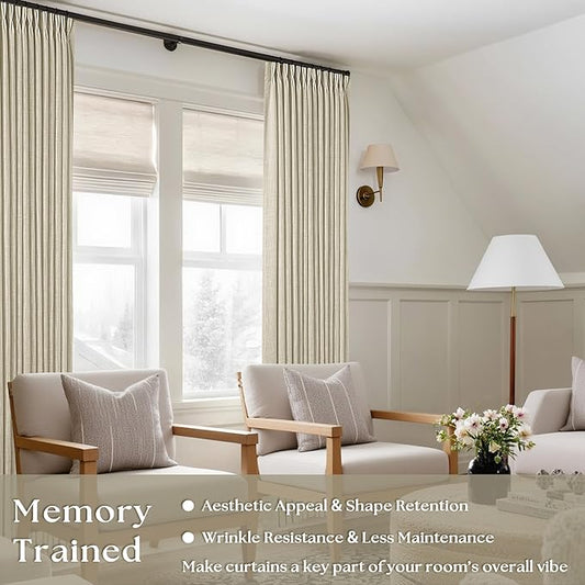 Linen Pinch Pleated Linen Curtains 2 Panels for Living Room Bedroom Memory Training Shaped Semi Sheer Pleat Drapes with Hooks Rings Light Filtering Window Curtain 40x45