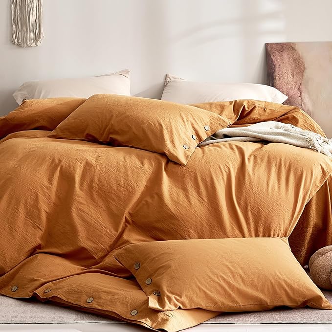 JELLYMONI 100% Washed Cotton Standard Pillowcases Set, 2 Pack Linen-Like Texture Breathable Pillow Covers with Button Closure,Amber Orange Standard 20"×26"(Pillows are not Included)