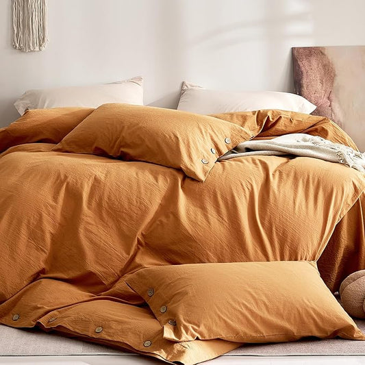 JELLYMONI 100% Washed Cotton King Pillowcases Set, 2 Pack Linen-Like Texture Breathable Pillow Covers with Button Closure,Amber Orange King 20"×36"(Pillows are not Included)