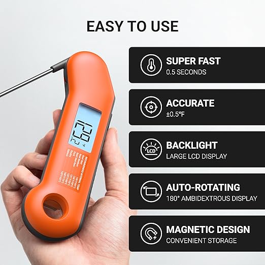 Professional Meat Thermometer Digital, Ultra-Fast 0.5 Sec Instant Read, NIST Certified ±0.5°F Accuracy, IP67 Waterproof, Auto-Rotating Backlit Display, Lift-to-Wake, for BBQ/Candy, Orange&Gray