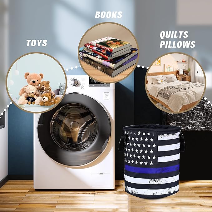 American Flag Thin Blue Line Flag Laundry Basket Foldable Oxford Cloth Funny Tote Bag Laundry Hamper Clothes Storage Bucket Organizer For Bathroom/Laundry Storage /Bedroom17.7x13.7 Inch