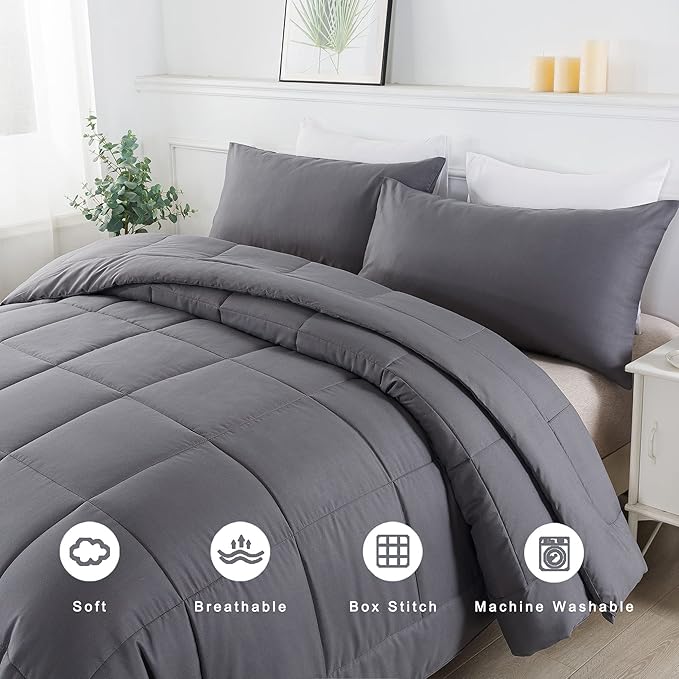 DOWNCOOL Queen Comforter Set -All Season Bedding Comforters Sets with 2 Pillow Cases-3 Pieces Bedding Sets Queen -Down Alternative Grey Queen Size Comforter Sets(88"x92")