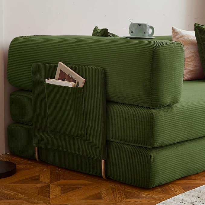 78.8" Convertible Sofa Bed -Compression Sofa with Corduroy Fabric - with Armrests and Backrest - Modular Sectional for Living Room, Bedroom, Studio - Compression Sofa in Box (Military Green)