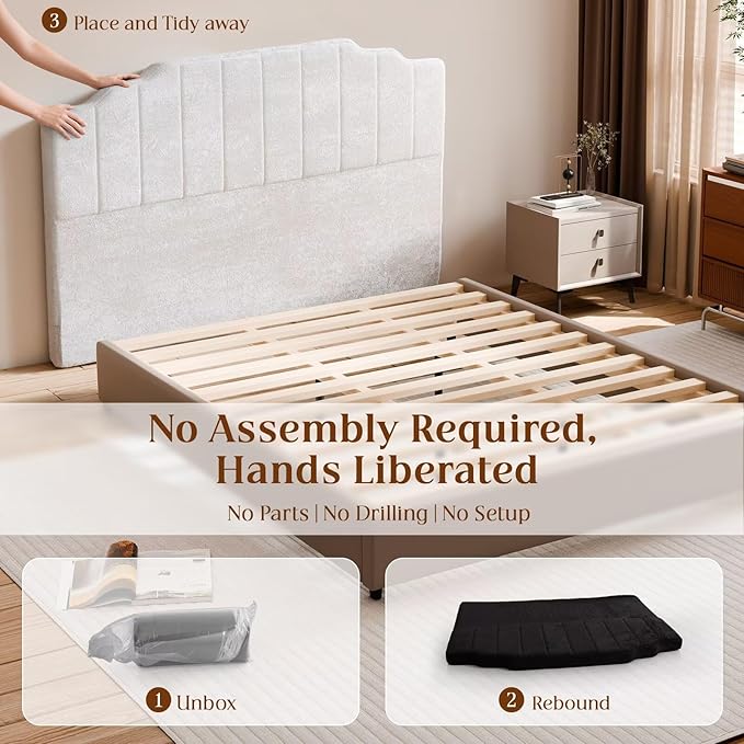 Queen Headboard Only - Beige Velvet Upholstered Headboard for Bed, No Assembly Required, Pure Sponge Design, Place Between Bed & Wall, Vertical Stripe with Stepped Crown Top Edge