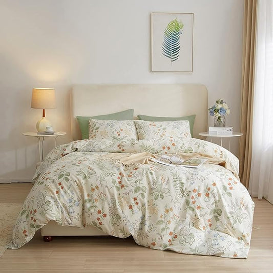 mixinni White Duvet Cover Set with Green Leaves Twin XL Size 100% Cotton Flower Printed Bedding Set 1 Duvet Cover 2 Pillowcases for Teen Girls, Ultra Soft, Breathable, Comfortable(3pcs, Twin XL Size)