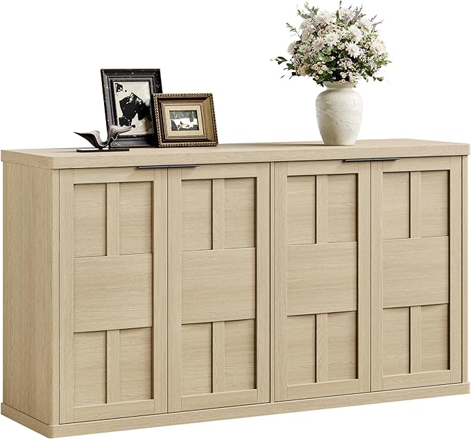Sideboard Buffet Cabinet with Storage, 60" Modern Farmhouse Accent Cabinet with Geometric Fluted Doors & Magnetic Catch, Wood Coffee/TV Console Table Credenza for Kitchen, Living Room (Oak)