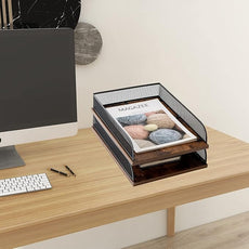 Set of 2 Vintage Wood & Metal Letter Tray，Desk Organizers Paper Tray，Office File Organizer(Black)