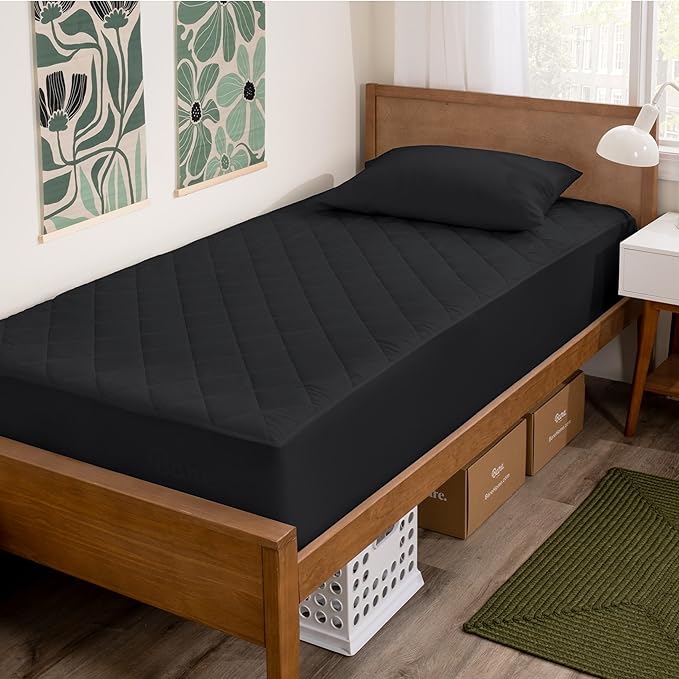 Bare Home Twin Extra Long Quilted Fitted Mattress Pad - Cooling Mattress Cover - Easily Washable - Elastic Fitted Cover for Mattress - Stretch-to-Fit up to 15 Inches Deep (Twin XL, Black)