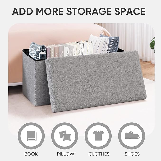 PINPLUS Folding Storage Ottoman Bench, Sherpa Ottoman with Storage, Large Long Shoes Bench Chest with Lid, Footrest for Living Room, Entryway, Grey 30'' x 15'' x 15''