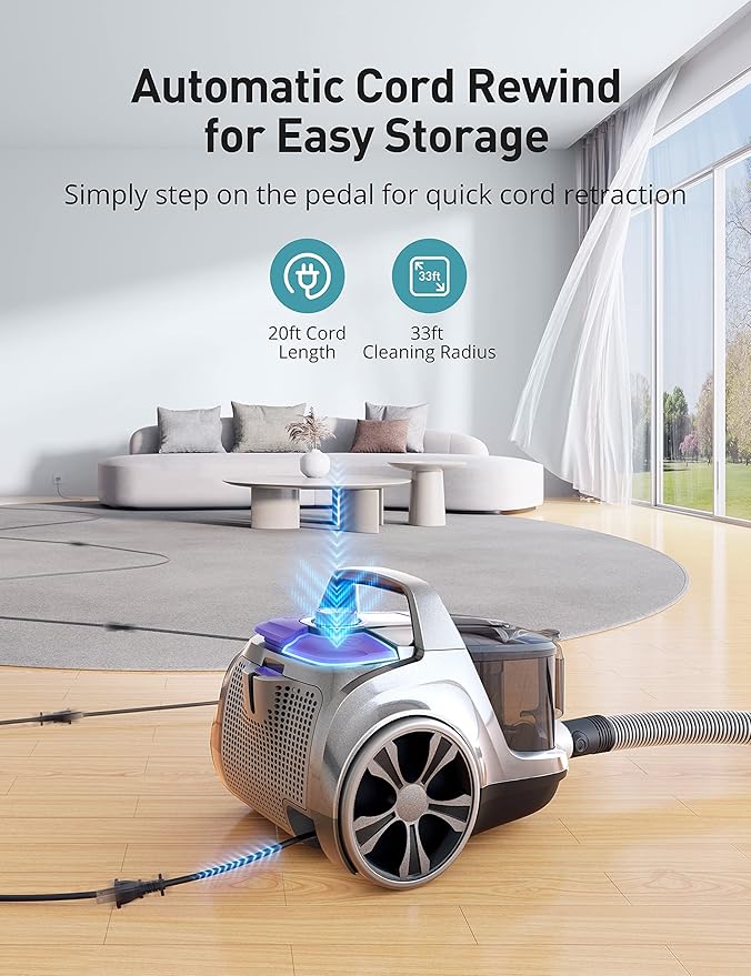 Aspiron Canister Vacuum, Upgraded 1600W Bagless Canister Vacuum Cleaner, Auto Cord Rewind, H13 HEPA Filter, 3.7Qt Large Capacity, 5 Tools for Hard Floors, Carpet, Pet, Upholstery, Tiles, Lilac
