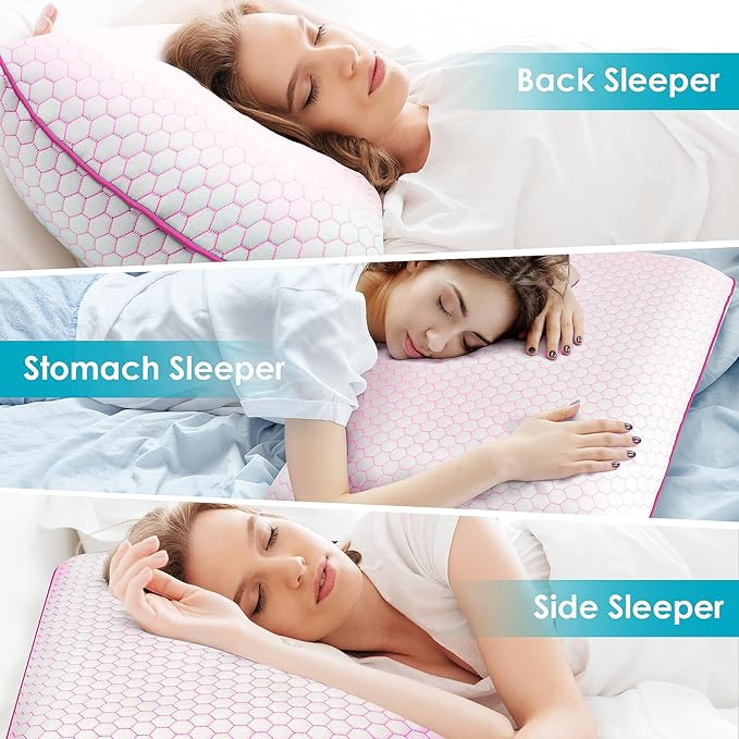 Memory Foam Pillows for Side, Back and Stomach Sleepers, Set of 2, Bed Pillow with Washable Cover and Breathable Mesh, Bed Pillow for Sleeping (Pink，Queen Size)