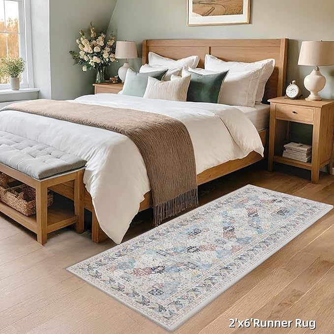RCTJHOME 2'x6' Runner Rug for Hallway with 4 Non-Slip Tapes, Machine Washable Kitchen Boho Runner Rug, Distressed Bedroom Beside Rug, Laundry Room, Farmhouse Entryway Mat, Cream Beige Blue Colorful