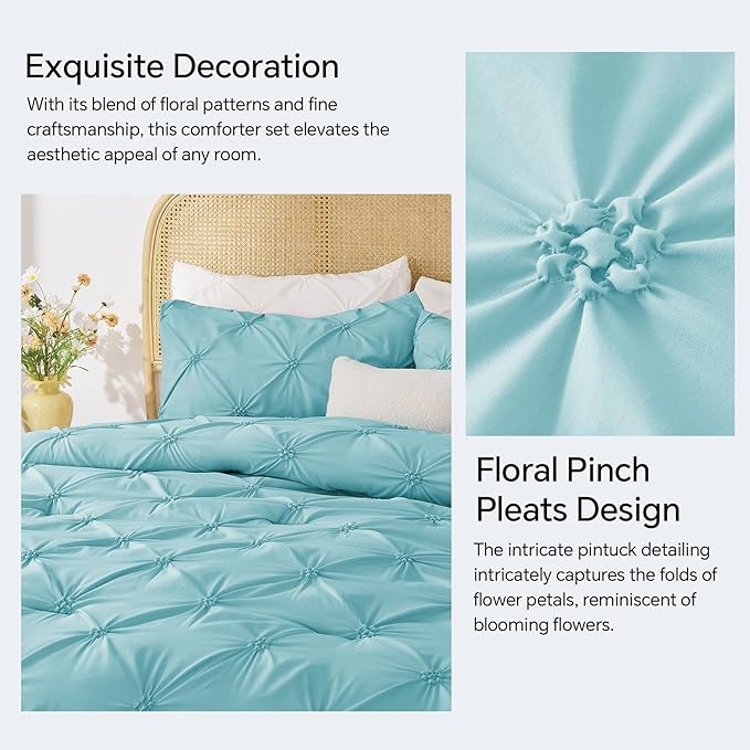 BEDELITE Macaron Blue King Size Comforter Set - 3 Pieces Boho Pintuck Bedding Comforter Sets, Lightweight Soft & Warm King Bedding Set with 2 Pillowcases for All Season