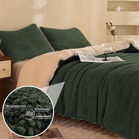 3D Jacquard Design Comforter Set, Ultra-Soft Warm Twin Size Sherpa Fur Plush 2-Pieces Sets Luxury Cozy Bedding with 1 Pillowcase (68"x90", Dark Green)