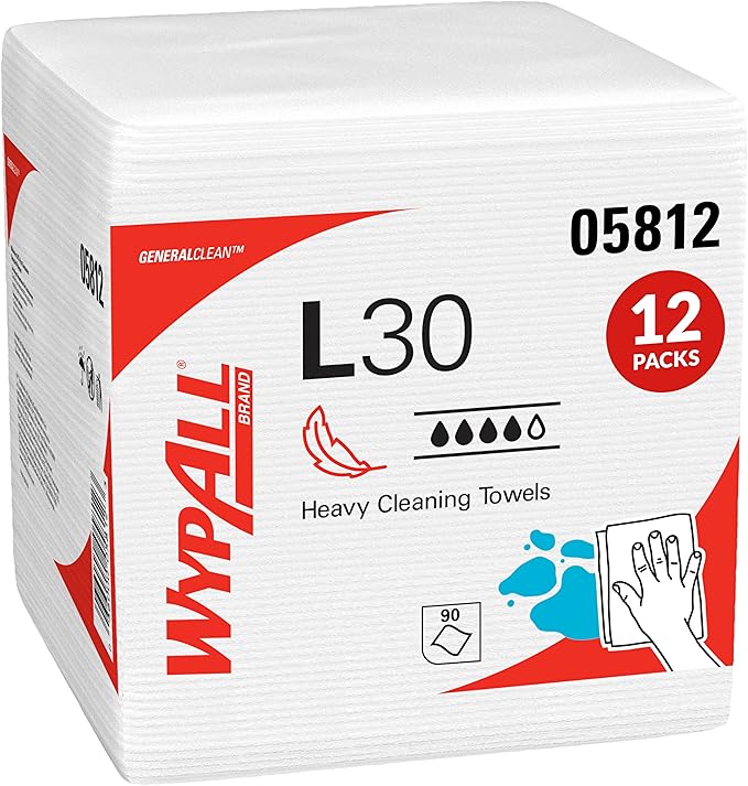 WypAll GeneralClean L30 Cloths Heavy Duty Cleaning Wipes (05812), Quarterfold, Strong and Soft Bulk Paper Wipers, White (12 Packs of 90 Sheets, 1,080 Sheet Total)