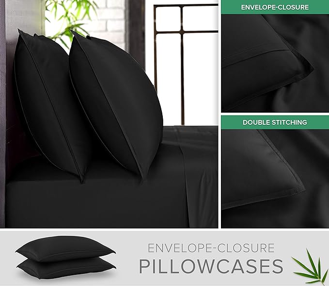 Pure Bamboo Split King Sheets, Genuine 100% Organic Viscose Derived from Bamboo Bed Sheet Set, Soft & Cooling, Double Stitching, 2 Fitted Sheets (Split King, Black)