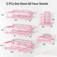 5 Pack Shower Caddy Organizer Rack Shelf for Inside Shower, Adhesive Bathroom Wall Storage Basket Rustproof Stainless Steel Shampoo Holder, Girly Bathroom Accessory Decor Set, Pink