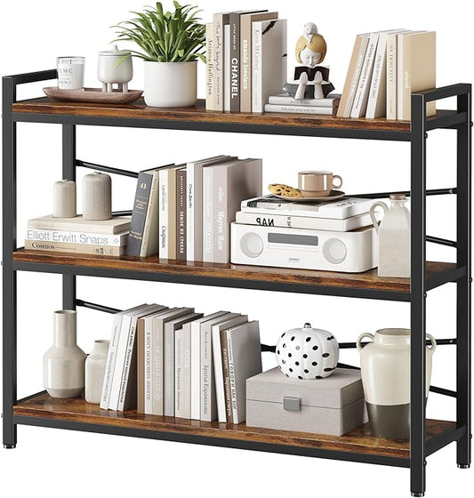 3 Tier Bookshelf 39.37" Width, Long Industrial Bookcase, Vintage Farmhouse Modern Wooden Big Book Shelf for Home Living Room Bedroom Office Storage(Rustic Brown)