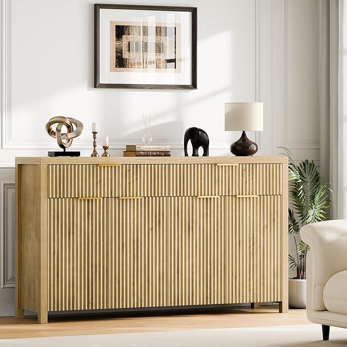Lulive Fluted Buffet Cabinet with Storage 55 inch Wood Large Sideboard with Adjustable Shelves for Entryway Kitchen Living Room