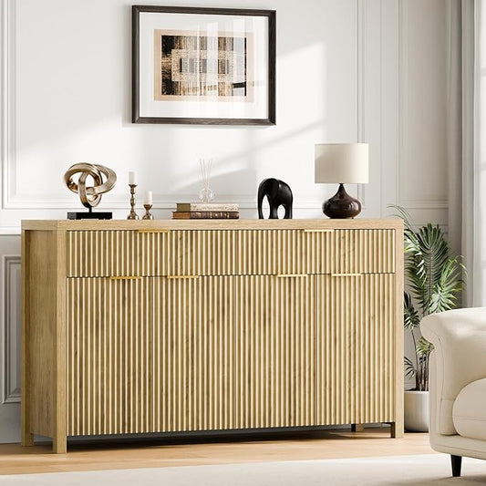 Lulive Fluted Buffet Cabinet with Storage 55 inch Wood Large Sideboard with Adjustable Shelves for Entryway Kitchen Living Room