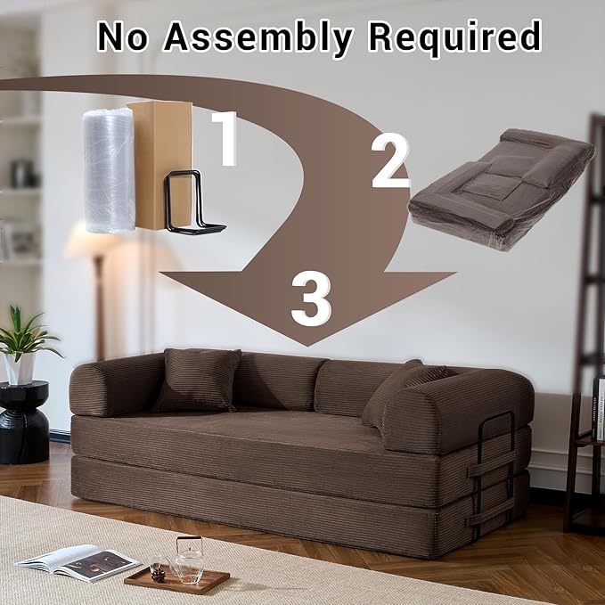 Compressed Sofa, Convertible Sofa Bed, Corduroy Compression Boneless Couch with Pillow, Comfy Modular Foldable Floor Sleeper Sofa for Bedroom, Living Room, Lounge, Studio (Brown)