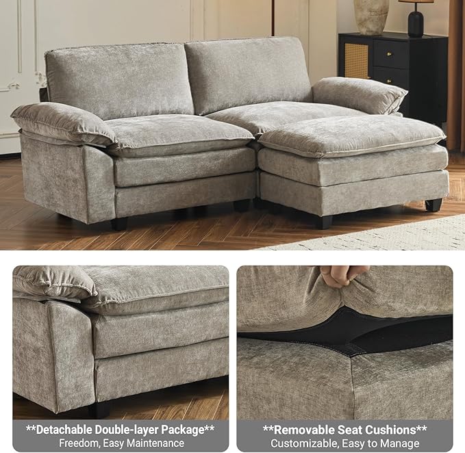 VINGLI 87" Convertible Sectional Sofa,L-Shaped Deep Seat Sofa Couch for Living Room,Modern 2-Seat Loveseat Sofa with Ottoman for Small Space(Light Grey)