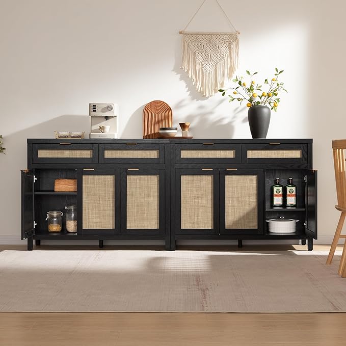 SICOTAS Rattan Sideboard Buffet Cabinet with Storage, Boho Credenza Accent Cabinet with 3 Doors and 2 Drawers, Farmhouse Console Coffee Bar Cabinets for Kitchen Living Room Entryway, Black Oak, 2 PCS