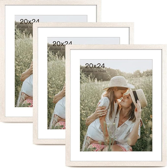 20x24 Picture Frame with Mat for 16x20 Set of 3, Rustic White Wood Grain 20x24 Frame for Wall Mounting (3 Pack, White)
