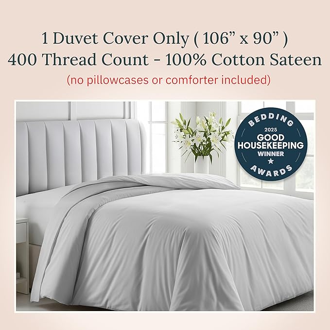 California Design Den 100% Cotton Duvet Cover King Only - Winner Good Housekeeping Best Bedding Awards 2025, 400 Thread Count, Sateen Bedding Duvet Covers, Button Closure & Corner Ties - Light Grey