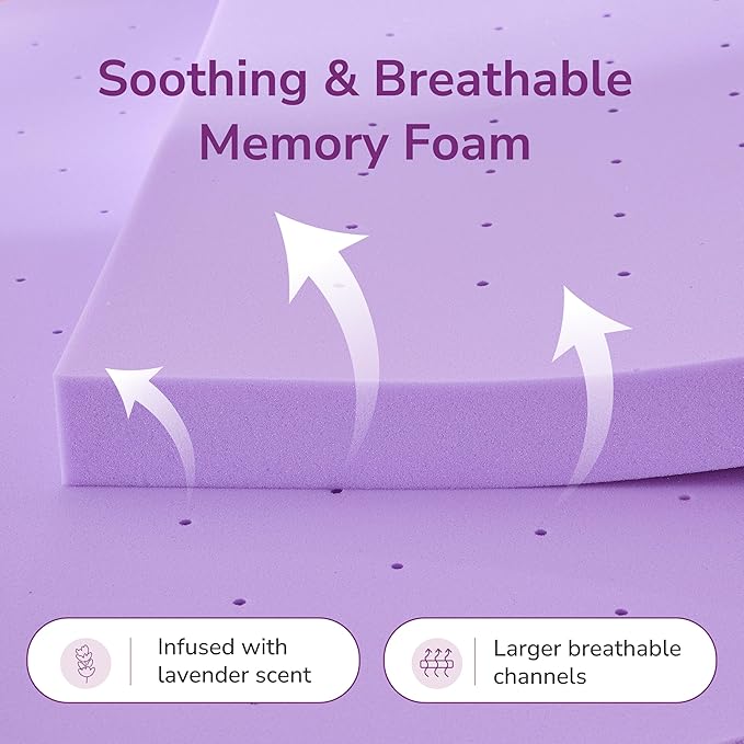 4 Inch Queen Lavender Infusion Memory Foam Mattress Topper for Relaxing Sleep, Ventilated & Pressure Relieving, CertiPUR-US Certified, Medium Firm Topper in a Box, Queen Size, 60"x80"